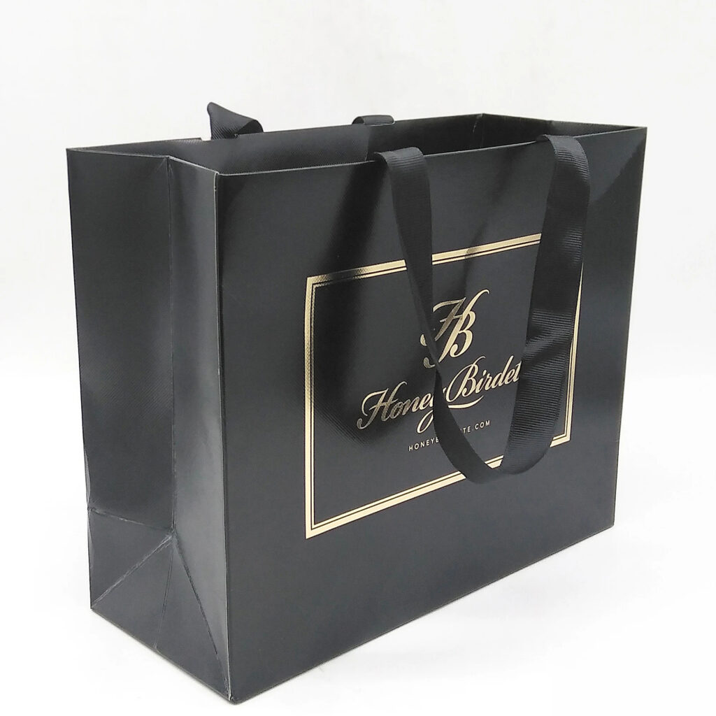 Black Foil Stamped Apparel Paper Bag with Ribbon Handles